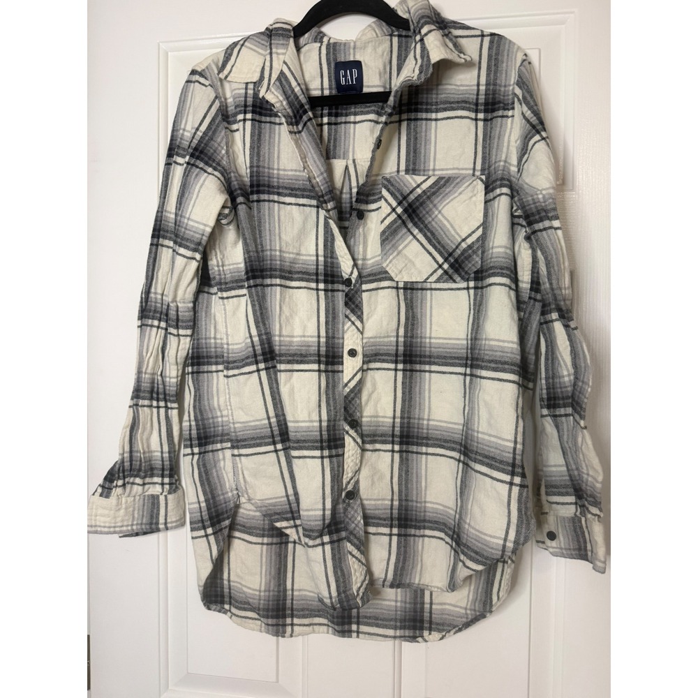 Gap Womens Plaid Flannel Shirt White Black Long Sleeve Button Down Large